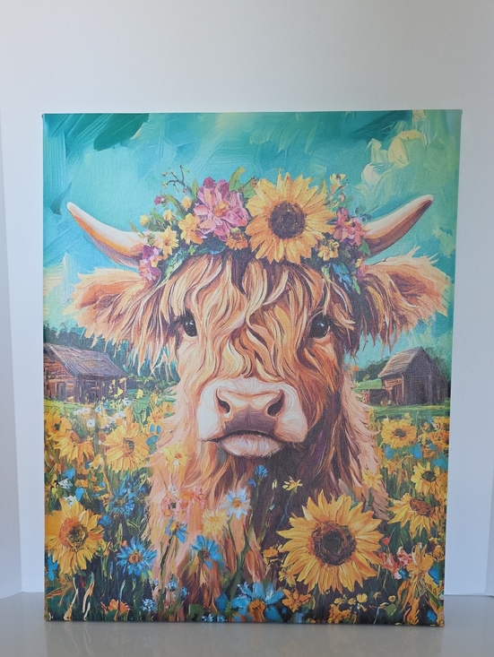 Other - Floral Highland Cow Canvas Art Print - Teal & Yellow